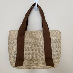 Mini Woven Straw Tote Bag with Brown Straps
